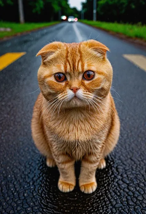 closeup of a (red-ginger Scottish fold cute small kitty:1.24),(wet hair, sad:1.36),sitting on a road,after rain,at night,ultra detailed,cinematic,(dark theme:0.75),by (Apollonia Saintclair and Fernando Botero:1.36)
