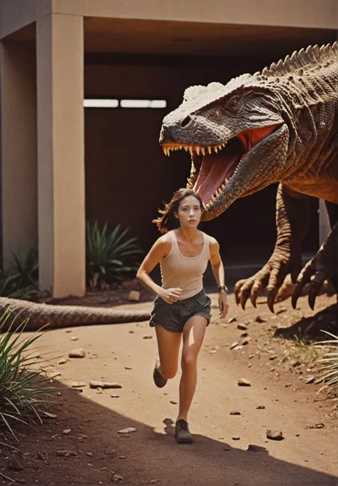 concept art cinematic photo analog film photo ((best best quality)), ((masterpiece)), ((realistic)), (detailed), action sequence woman running in postapocalyptic setup chased by giant Komodo Dragon, screeming, scared, fear, film grain, lightshaft, highly detailed skin, blush, (masterpiece), absurdres, HDR , . faded film, desaturated, 35mm photo, grainy, vignette, vintage, Kodachrome, Lomography, stained, highly detailed, found footage . 35mm photograph, film, bokeh, professional, 4k, highly detailed . digital artwork, illustrative, painterly, matte painting, highly detailed