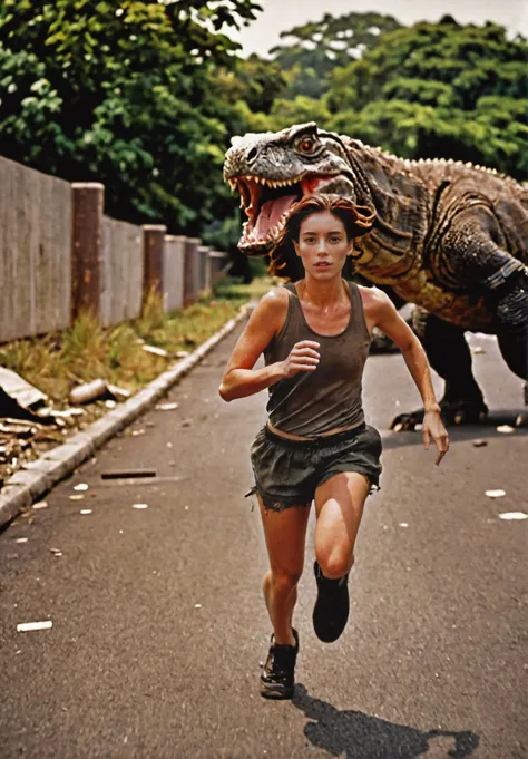 cinematic photo analog film photo ((best best quality)), ((masterpiece)), ((realistic)), (detailed), action sequence woman running in postapocalyptic setup chased by giant Komodo Dragon, screeming, scared, fear, film grain, lightshaft, highly detailed skin, blush, (masterpiece), absurdres, HDR , . faded film, desaturated, 35mm photo, grainy, vignette, vintage, Kodachrome, Lomography, stained, highly detailed, found footage . 35mm photograph, film, bokeh, professional, 4k, highly detailed
