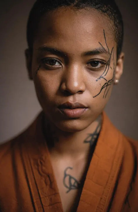 Portrait of a young african woman in a monk's robe, intense eyes, battle scars, tattoos, weapons, angry, looking into camera, high contrast, masterpiece, dramatic lighting, ultra realistic, colorful, depth of field, bokeh, cinematic, wide angle