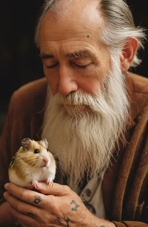old man with his hamster, realistic, an old sage with a long beard, eyes that have seen centuries, celestial bodies tattooed on skin, natural shadow, depth of field, aesthetic, wise and enigmatic