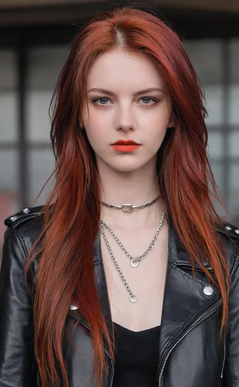 realistic,1girl,fiery red long hair,looking at viewer,upper body,black leather jacket,blurred background,cherry red lips,black eyeliner,rebellious smirk,silver chain necklace,punk aesthetics