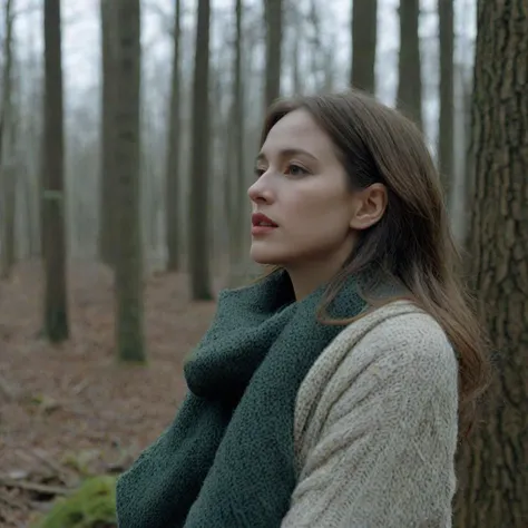 Photo like a hollywood movie,woman in the woods,thinking about peace and the meaning of Christmas,dramatic storytelling,sharp focus on main motive,footage by talented director,