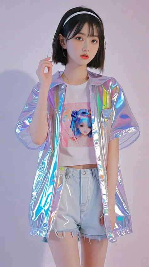 transparent color PVC clothing,transparent color vinyl clothing,prismatic,holographic,chromatic aberration,fashion illustration,masterpiece,girl with harajuku fashion,looking at viewer,8k,ultra detailed,pixiv