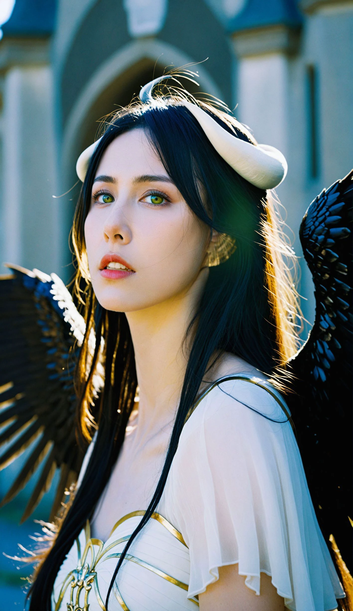 cinematic film still stunning anime artwork, concept art albedo, highres, sharp focus, pixiv masterpiece, ((intricate details)), highly detailed, 1girl, black wings, white dress with gold,(white horns:1.4), albedo_overlord, black hair, yellow eyes, (low wings,:1.1),( front view:1.2), upper body, castle on background <lora:albedo:0.8>,
anime style, key visual, vibrant, studio anime, highly detailed, Long exposure photo of photo, woman, highly detailed, medium shot, 35mm, RAW, photoshoot, grit, texture, perky, (bleached, faded, cross processing, film grain, filmic:1.2),
rainbow style, (highlight in bright eyes:1.2) kodak ektachrome kodak, pale skin, film overlay filter . Blurred motion, streaks of light, surreal, dreamy, ghosting effect, highly detailed, undefined . shallow depth of field, vignette, highly detailed, high budget, bokeh, cinemascope, moody, epic, gorgeous, film grain, grainy