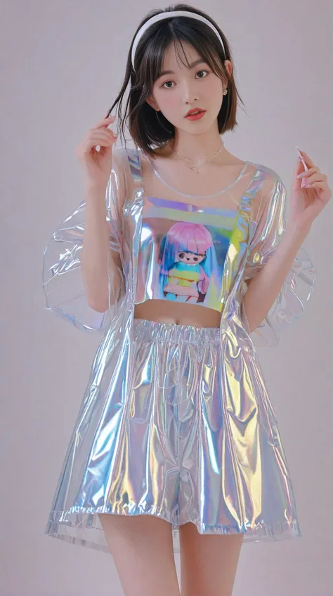 Female child with indigenous features and long, dark hair parted in the middle and tied in 2 parts wearing a white long-sleeved blouse with holographic material details and a white skirt and socks with platform sneakers. With earphones. sci fi style