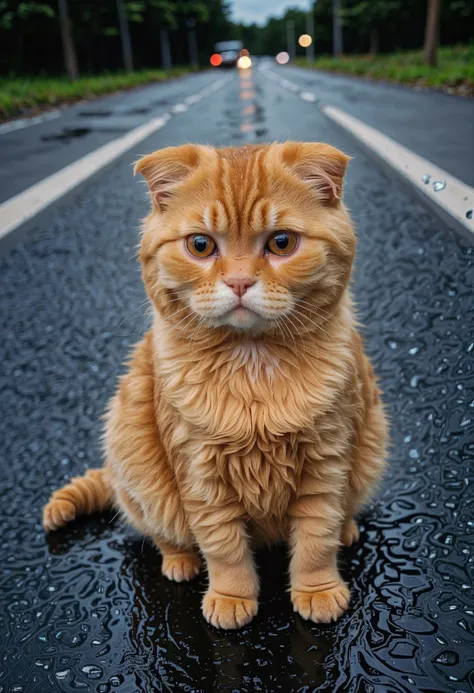 ASCIIcloseup of a (red-ginger Scottish fold cute small kitty:1.24), (wet hair, sad:1.36), sitting on a road, after rain, at night, ultra detailed, cinematic, (dark theme:0.75), by (Apollonia Saintclair and Fernando Botero:1.36)