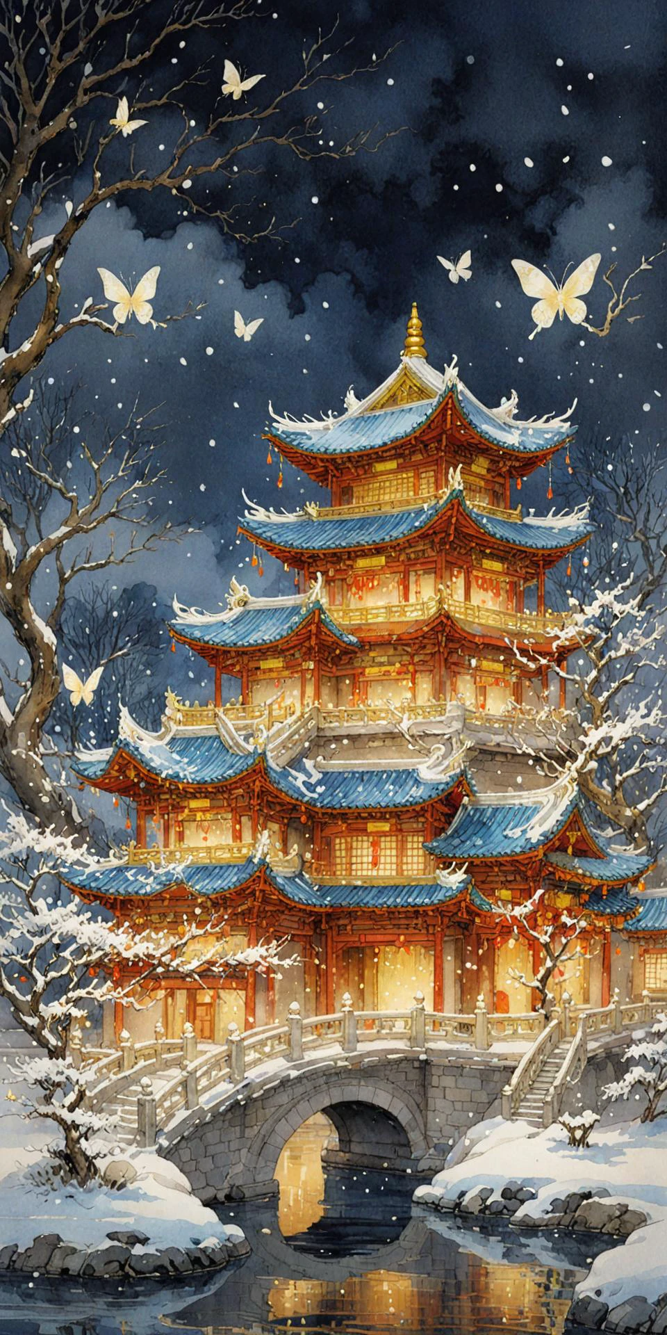Goldeneast,illustration,chinese ink painting,myth,
Christmas night scenes,Chinese style,Eastern artistic conception,snow scenes,colorful lights,Chinese architecture,ultra-high definition,high-definition picture quality,32K,children's fun picture book,Feng Zikai,Chinese style,
light particles,glowing butterflies,
<lora:20231230-1703876721187:0.65>,
