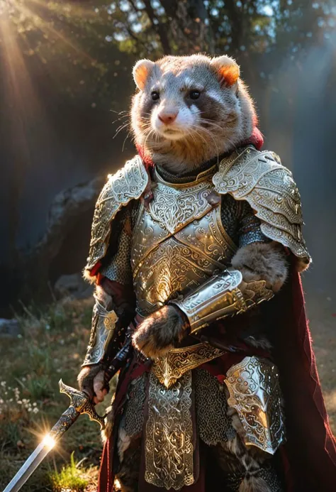 cinematic photo cinematic photo,extremely detailed fur,(holding a gleaming ornate sword:1.85),image of a wise old veteran ferret warrior wearing (shiny intricate armor:1.4) and a dark woolen cloak,haze,sparkles,glow effects,crepuscular rays,raw photo,8k,true 4k,cinematic style,rim lighting,front light,spot light,perfect lighting,chiaroscuro,professional photoshoot,intricate,ultra detailed,in an overgrown enchanted forest,moss,(beautiful flowers:1.3),ferns and vines,extremely detailed background,light shafts,bokeh,hasselblad,70mm,f/2,35mm,raw photo,schneider super cinelux,cinematic  photorealistic,8k uhd natural lighting,raw,rich,intricate details,key visual,atmospheric lighting,35mm photograph,film,bokeh,professional,4k,highly detailed . 35mm photograph,film,bokeh,professional,4k,highly detailed,cinematic  photorealistic,8k uhd natural lighting,raw,rich,intricate details,key visual,atmospheric lighting,35mm photograph,film,bokeh,professional,4k,highly detailed . 35mm photograph,film,bokeh,professional,4k,highly detailed