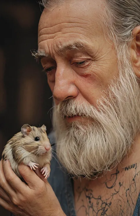 old man with his giant hamster,crying,realistic,looking at viewer,an old sage with a long beard,eyes that have seen centuries,celestial bodies tattooed on skin,natural shadow,depth of field,aesthetic,wise and enigmatic