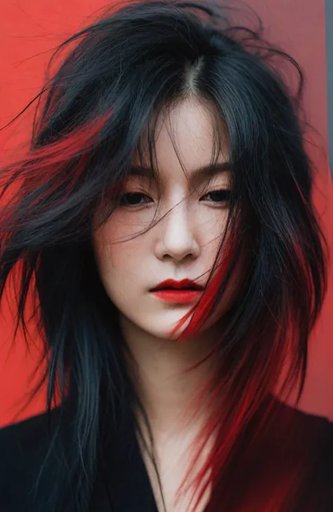 abstract female portrait,undefined hair,red and black color palette,blurred boundaries,upper body,fragmented visual style,evokes feelings of rebellion and passion