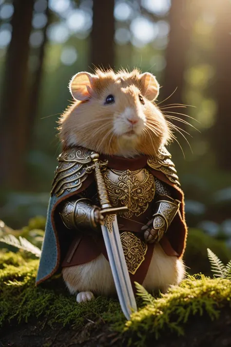 cinematic photo cinematic photo,extremely detailed fur,(holding a gleaming ornate sword:1.85),image of a wise old veteran hamster warrior wearing (shiny intricate armor:1.4) and a dark woolen cloak,haze,sparkles,glow effects,crepuscular rays,raw photo,8k,true 4k,cinematic style,rim lighting,front light,spot light,perfect lighting,chiaroscuro,professional photoshoot,intricate,ultra detailed,in an overgrown enchanted forest,moss,(beautiful flowers:1.3),ferns and vines,extremely detailed background,light shafts,bokeh,hasselblad,70mm,f/2,35mm,raw photo,schneider super cinelux,cinematic photorealistic,8k uhd natural lighting,raw,rich,intricate details,key visual,atmospheric lighting,35mm photograph,film,bokeh,professional,4k,highly detailed . 35mm photograph,film,bokeh,professional,4k,highly detailed,cinematic photorealistic,8k uhd natural lighting,raw,rich,intricate details,key visual,atmospheric lighting,35mm photograph,film,bokeh,professional,4k,highly detailed . 35mm photograph,film,bokeh,professional,4k,highly detailed