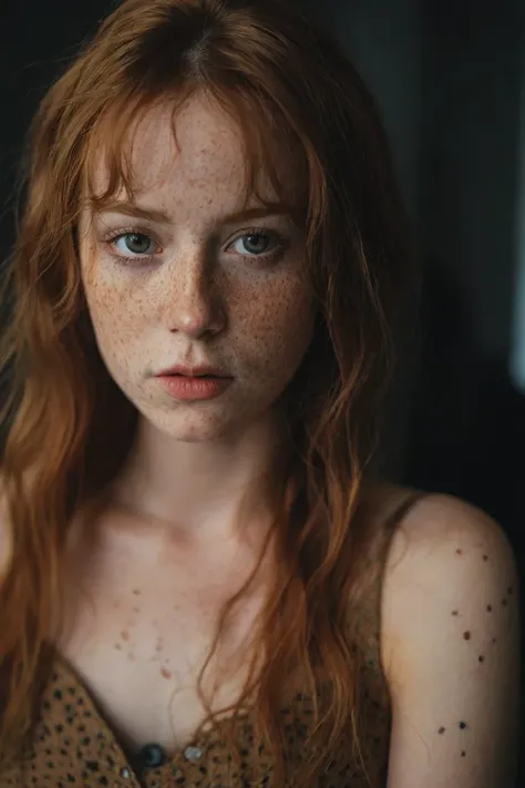 cinematic photo (8k, RAW photo, highest quality),beautiful girl,close up,dress,(detailed eyes:0.8),defiance512,(looking at the camera:1.4),(highest quality),(best shadow),intricate details,interior,ginger hair:1.3,dark studio,muted colors,freckles . 35mm photograph,film,bokeh,professional,4k,highly detailed