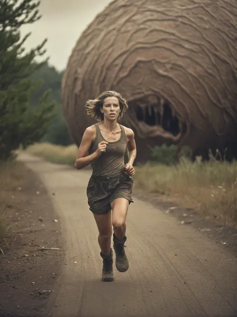 breathtaking cinematic film still analog film photo ((best best quality)), ((masterpiece)), ((realistic)), (detailed), action sequence woman running in postapocalyptic setup chased by gigantic Slime Monster, film grain, lightshaft, highly detailed skin, blush, (masterpiece), absurdres, HDR , . faded film, desaturated, 35mm photo, grainy, vignette, vintage, Kodachrome, Lomography, stained, highly detailed, found footage . shallow depth of field, vignette, highly detailed, high budget Hollywood movie, bokeh, cinemascope, moody, epic, gorgeous, film grain, grainy . award-winning, professional, highly detailed