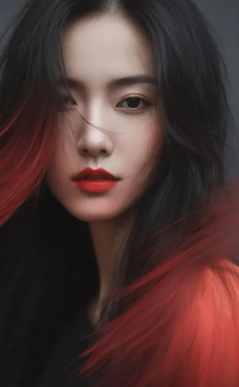 abstract female portrait,undefined hair,red and black color palette,blurred boundaries,upper body,fragmented visual style,evokes feelings of rebellion and passion,