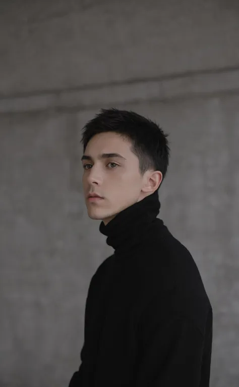 1boy,upper body,short raven-black hair,piercing grey eyes,indoors,concrete loft background,black turtleneck sweater,cool ambient lighting,modern minimalist,thoughtful expression,