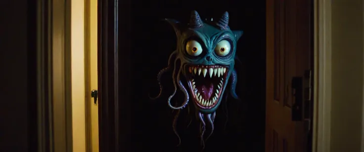 midnight, spooky, scene of a child's bedroom, dark, half open closet door, creepy monster with cat-like head and giant creepy smile, tentacles with claws, giant maw, huge long teeth, glowing eyes with irregular pupils