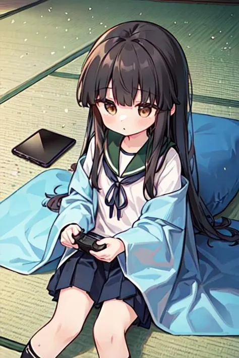 (masterpiece), (best quality), (ultra-detailed), photorealistic, (best illustration), (an extremely delicate and beautiful), 1girl, solo, long hair, hatsuyuki \(kancolle\), brown eyes, blunt bangs, serafuku, sailor collar, short sleeves, sitting, tatami,<lora:hatsuyuki_nai_4-40:1:lbw=INS_MIDD> pleated skirt, blue skirt, from above, holding (handheld game console), (under blanket:1.22), table, <lora:more_details:0.25:lbw=OUTS>