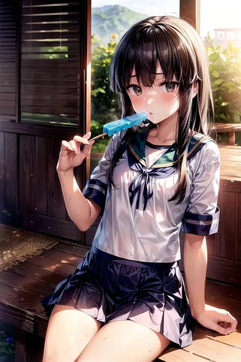 (masterpiece), (best quality), (ultra-detailed), photorealistic, (best illustration), (an extremely delicate and beautiful), 1girl, solo, long hair, hatsuyuki \(kancolle\), brown eyes, blunt bangs, serafuku, <lora:hatsuyuki_nai_4-40:1:lbw=OUTD>, flat chest, hime cut, finely detailed iris, teal sailor collar, short sleeves, pleated skirt, neckerchief, summer veranda, porch, eating popsicle, sitting, sunlight, sweat, sweatdrop, (see-through:0.8),