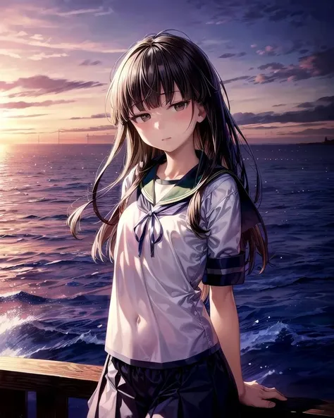 (masterpiece), (best quality), (ultra-detailed), photorealistic, (best illustration), (an extremely delicate and beautiful), 1girl, solo, long hair, hatsuyuki \(kancolle\), brown eyes, blunt bangs, serafuku, <lora:hatsuyuki_nai_4-40:1:lbw=OUTD>, flat chest, hime cut, jitome,<lora:hanme:0.6> finely detailed iris, teal sailor collar, short sleeves, pleated skirt, neckerchief, ocean scenery