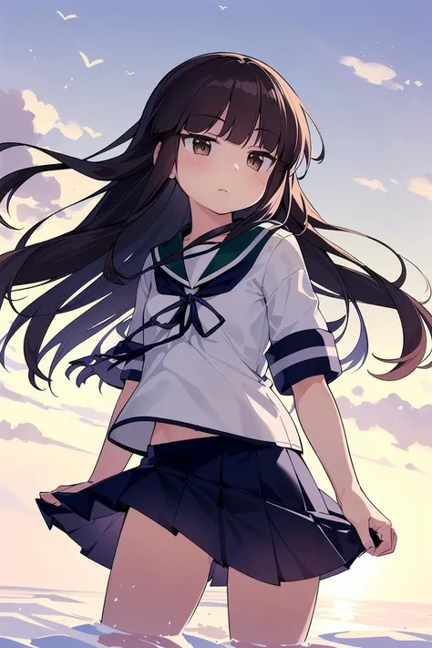 (masterpiece), (best quality), (ultra-detailed), photorealistic, (best illustration), (an extremely delicate and beautiful), 1girl, solo, long hair, hatsuyuki \(kancolle\), brown eyes, blunt bangs, serafuku, <lora:hatsuyuki_nai_4-40:1:lbw=INS_MIDD>, flat chest, hime cut, finely detailed iris, teal sailor collar, short sleeves, pleated skirt, neckerchief, looking up, cowboy shot, expressionless, standing, <lora:hanme:0.5> wind, <lora:more_details:0.1:lbw=OUTS> (light smile:1), head tilt,