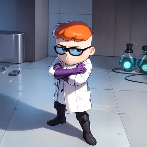 ((masterpiece, best quality)),(complex lighting) , solo ,1boy, full body, dexter , <lora:Dexter1-10:0.8>, red hair, glasses, standing, purple gloves, black eyes, black boots, ((closed lab coat)), simple background, crossed arms,