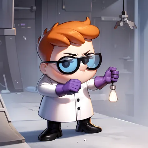 ((masterpiece, best quality)),(complex lighting) , solo ,1boy, full body, dexter ,  <lora:Dexter1-10:0.8>, red hair, glasses, standing, purple gloves, black eyes, balck boots, closed lab coat, simple background,