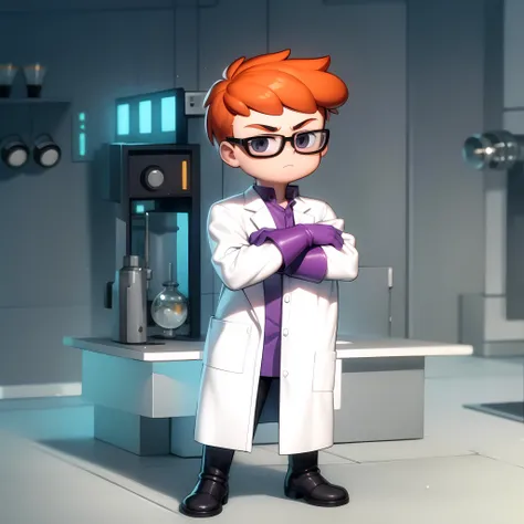 ((masterpiece, best quality)),(complex lighting) , solo ,1boy, full body, dexter , <lora:Dexter1-10:0.6>, red hair, glasses, standing, purple gloves, black eyes, black boots, closed lab coat, simple background, crossed arms,