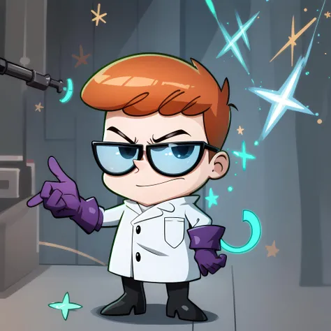 ((masterpiece, best quality)),(complex lighting) , solo ,1boy, full body, dexter , <lora:Dexter1-10:0.8>, red hair, glasses, standing, purple gloves, black eyes, black boots, closed lab coat, simple background, smirk,