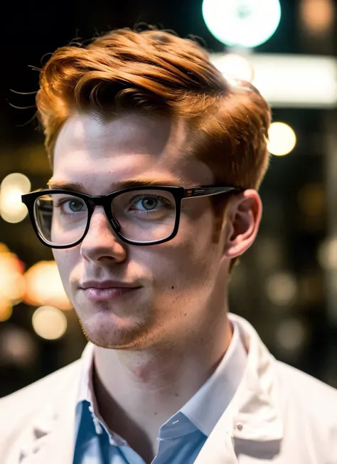 candid RAW close up portrait photo of Dexter in a closed lab coat, young man, red hair, glasses, youthful, standing on a dark street with shopping windows (at night:1.2), bokeh, Ilford Delta 3200 film, dof, high definition, smile, happy, detailed, intricate, flashlight <lora:DextersLab_Dexter_v1:0.65>