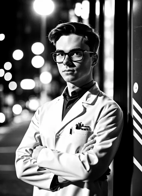 a photo of Dexter the cartoon character wearing a labcoat, black and white photo taken on the street, amazing hair, handsome, candid RAW upper body portrait photo of Dexter in a closed lab coat, full body, young man, red hair, glasses, upper body, youthful, standing on a dark street with shopping windows (at night:1.2), bokeh, Ilford Delta 3200 film, dof, high definition, happy, detailed, intricate, flashlight <lora:DextersLab_Dexter_v1:1.0>