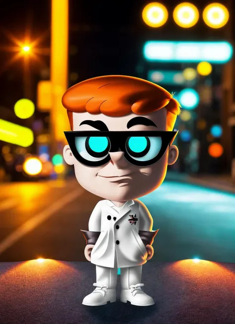 realistic cartoon character Dexter, a photo of the Dexter, black and white photo taken on the street, candid RAW upper body portrait photo of Dexter in a closed lab coat, full body, labcoat, red hair, glasses, upper body, youthful, standing on a dark street with shopping windows (at night:1.2), bokeh, Ilford Delta 3200 film, dof, high definition, happy, detailed, intricate, flashlight <lora:DextersLab_Dexter_v1:1.0>