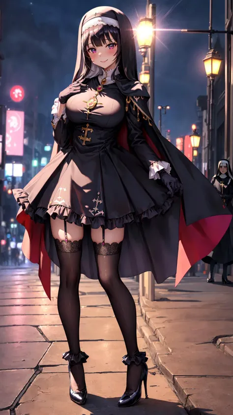 (8k, RAW photo, best quality, masterpiece, pixiv: 1.2),
(1milf, mage, magical girl, awe, brainwash, blush, smile, flying sky: 1.2),
breast, thigh, heart-shaped pupils,
(black hair, shiny hair, hair between eyes, blunt bangs: 1.2),
(black nun dress, long skirt, puff sleeve, standing collar, cloak, long gloves, thigh high thights, pumps, jewely, frill, lace: 1.2), ((metalic satin)),
midtown, night, shibuya, shinjuku, tokyo, japan, <lora:0263 Florence Dream_v1:0.5>,