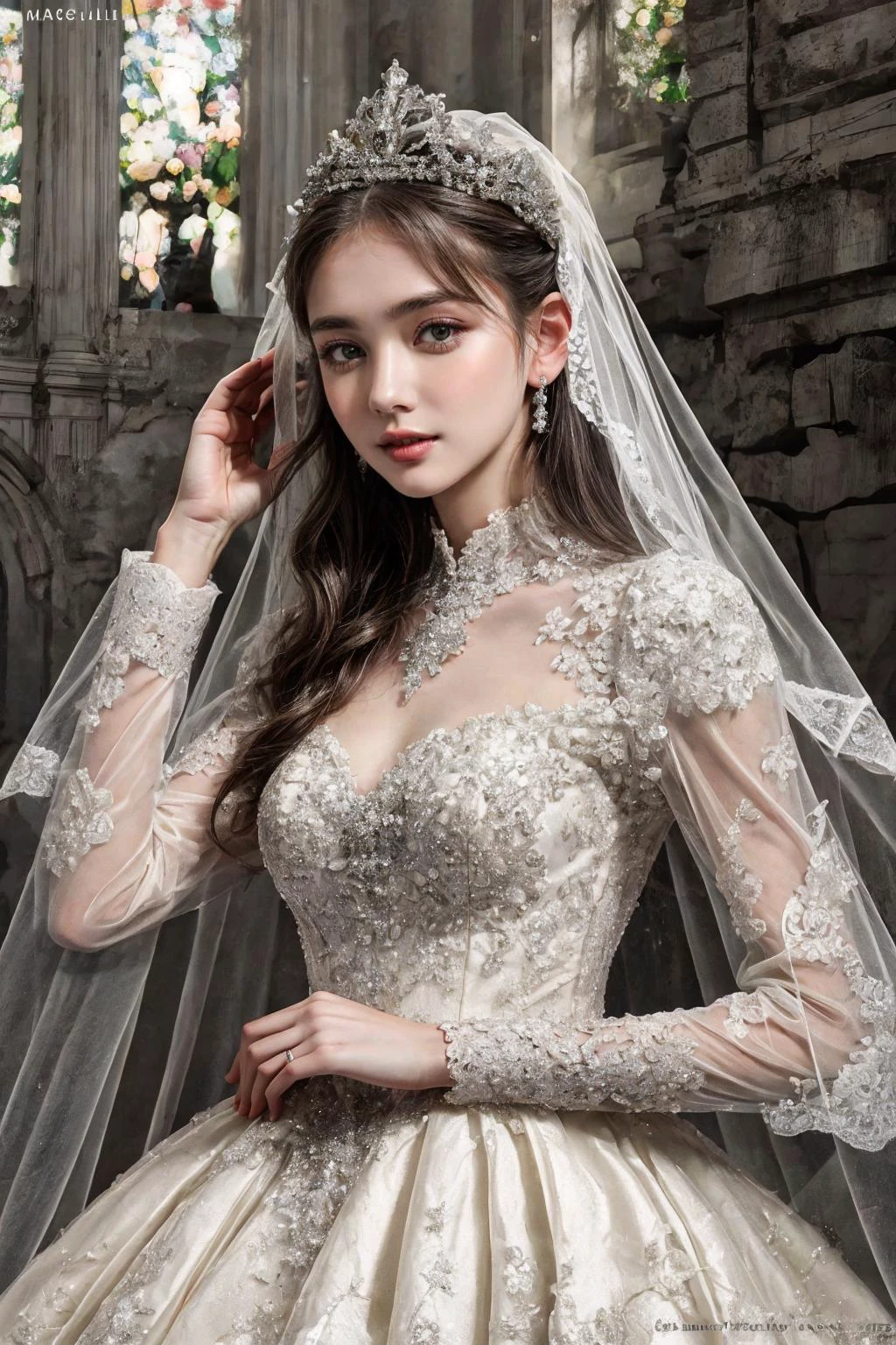 1girl,solo,ruanyi0257,bridal veil,lace-trimmed dress,wedding dress,white dress,bride,,, best quality,masterpiece,highres,official art,,white palace, tiara,marvelous, gorgeous, noble,gothic architecture,, Jewelry,
<lora:0257 castle style wedding dress_v2:0.5>