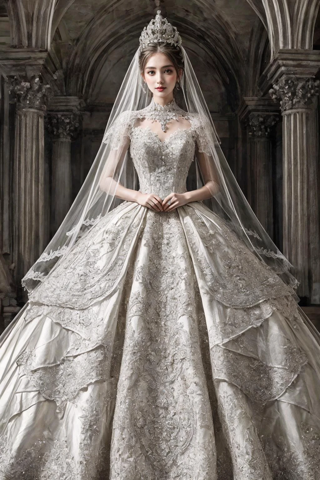 1girl,solo,ruanyi0257,bridal veil,lace-trimmed dress,wedding dress,white dress,bride,,, best quality,masterpiece,highres,official art,,white palace, tiara,marvelous, gorgeous, noble,gothic architecture,, Jewelry,
<lora:0257 castle style wedding dress_v2:0.5>
