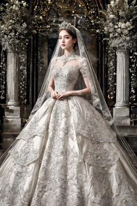 1girl,solo,ruanyi0257,bridal veil,lace-trimmed dress,wedding dress,white dress,bride,,, best quality,masterpiece,highres,official art,,white palace, tiara,marvelous, gorgeous, noble,gothic architecture,, Jewelry,
 <lora:0257 castle style wedding dress_v2:0.5>