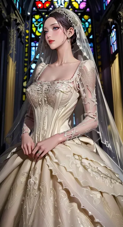 (Ultra detailed:1.3),((((best quality))), (((ultra detailed))), (((masterpiece))), illustration,(baroque church:1.2),(Illustrated in a cover style),She has a confident expression,The overall style is bold and eye-catching, emphasizing fashion and lifestyle,<lora:0256 louvre queen_v1:0.9>,ruanyi0263,bridal veil,wedding dress,veil,white dress,bride,lace,<lora:GoodHands-vanilla:1>,Kim Mi-Jung,<lora:kim:0.6>