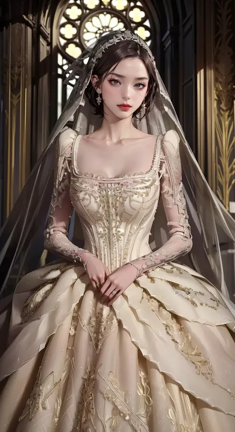 (Ultra detailed:1.3) ,((((best quality))), (((ultra detailed))), (((masterpiece))), illustration,baroque church,(Illustrated in a cover style),She has a confident expression,The overall style is bold and eye-catching, emphasizing fashion and lifestyle,,,<lora:0256 louvre queen_v1:1>,ruanyi0263,bridal veil,wedding dress,veil,white dress,bride,lace,(straight hair:1.2),<lora:GoodHands-vanilla:1>,Kim Mi-Jung,<lora:kim:0.6>,