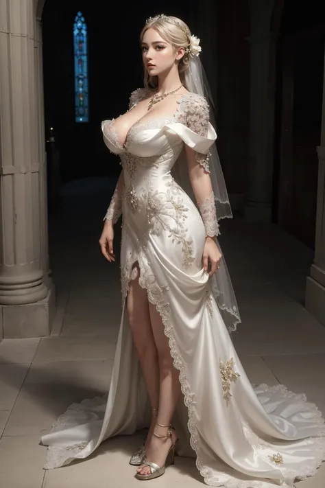 1girl,solo,church, holding flowers,(full body:1.3),thigh gap,standing,jewelry,necklace,white dress,wedding dress,, (masterpiece, best quality, hires, high resolution:1.2), (extremely detailed, realistic, intricate details, highres), 3d, cg, shiny skin,blush,, eyeliner, eyeshadow, eyelashes,, (gigantic breasts, saggy breasts:1.1), (cinematic lighting, sunlight, volumetric), looking at viewer,vintage fantasy,from side,head down