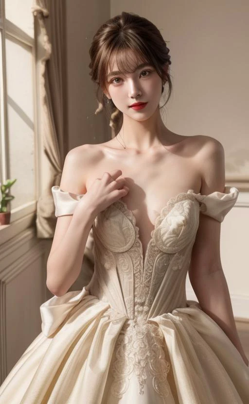 1girl,solo,small breasts,looking at viewer,nsfw,pose,smile,blunt bangs,(eyeliner,blush:0.9),(((sex suggestive,bright red lips,slim))),(pale skin:1.2),beautiful bridal dress,timeless elegant & exquisite,//stunning narrow waist,<lora:pureerosface_v1:0.3>,<lora:tianfeng_filmgirls5:0.5>,liquid crystal fluid radiant cinematic lighting,(realistic, photo-realistic:1.37),(sharp focus:1.2), full body (8k, RAW photo, best quality, masterpiece:1.2),professional lighting, photon mapping, radiosity, physically-based rendering, clear shadows & highlights,nsfw, portrait,<lora:add_detail:1>, <lora:0261 marguerite wedding dress_v1:0.7>