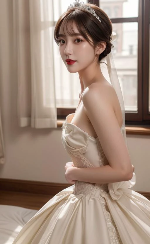 1girl,solo,small breasts,looking at viewer,nsfw,pose,smile,blunt bangs,(eyeliner,blush:0.9),(((sex suggestive,bright red lips,slim))),(pale skin:1.2),beautiful bridal dress,timeless elegant & exquisite,//stunning narrow waist,<lora:pureerosface_v1:0.3>,<lora:tianfeng_filmgirls5:0.5>,liquid crystal fluid radiant cinematic lighting,(realistic, photo-realistic:1.37),(sharp focus:1.2), full body (8k, RAW photo, best quality, masterpiece:1.2),professional lighting, photon mapping, radiosity, physically-based rendering, clear shadows & highlights,nsfw, portrait,<lora:add_detail:1>, <lora:0261 marguerite wedding dress_v1:0.7>
