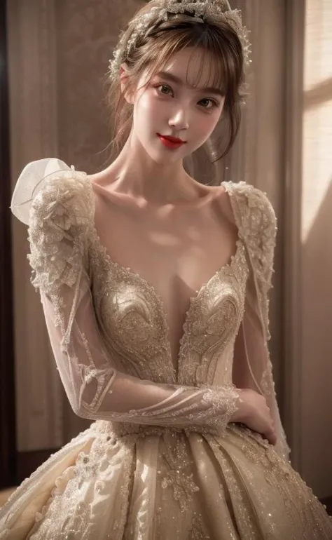 1girl,solo,small breasts,looking at viewer,nsfw,pose,smile,blunt bangs,(eyeliner,blush:0.9),(((sex suggestive,bright red lips,slim))),(pale skin:1.2),beautiful bridal dress,timeless elegant & exquisite,//stunning narrow waist,<lora:pureerosface_v1:0.3>,<lora:tianfeng_filmgirls5:0.5>,liquid crystal fluid radiant cinematic lighting,(realistic, photo-realistic:1.37),(sharp focus:1.2), full body (8k, RAW photo, best quality, masterpiece:1.2),professional lighting, photon mapping, radiosity, physically-based rendering, clear shadows & highlights,nsfw, portrait,<lora:add_detail:1>,<lora:0257 castle style wedding dress_v2:0.7>