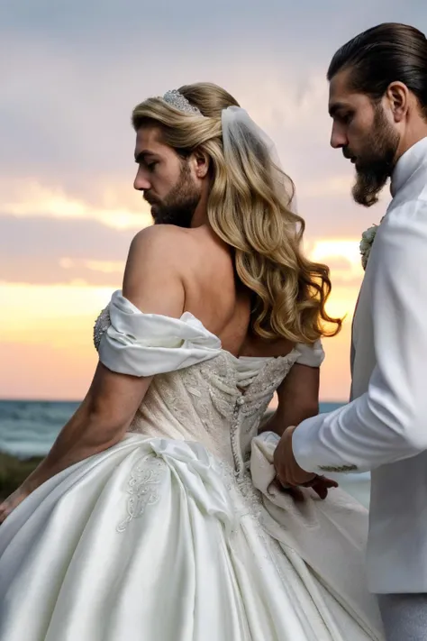 (outdoors,(looking back, from behind):1.2),(a man is pretending to a bride:1.1),(holding hands by another:1.3),salon photo,2boys,feminized man,futanari,crossdressing, genderswap,
(the man is pretending to be a bride:1.4),(the man is growth woman's breasts:1.5),<lora:breastsizeslideroffset:0.3>,(the man is pretending to be a woman:1.1),
((completely shaved body,holding hands by another,walking in a sunset beach):1.1),ultra fine painted clothes,ultra fine painted legs, sexy pose,
ruanyi0261,off-shoulder dress,pearl \(gemstone\),tiara,veil,wedding dress, <lora:0261 marguerite wedding dress_v1:0.9> ,
((man's face,light facial hair, light beard,mature male,feminized male):1.5),ultra fine painted face,face detail,curvy,skinny,
((Shoulder-length hair with loose curls, Loose wavy medium length hair, Wavy bob, blonde hair):1.1),ultra fine painted face,
masterpiece, best quality, highres, (photorealistic:1), (depth of field:1.1),light color tone,light tone,low contrast,lighten the saturation,
close-up character lighting,<lora:detailSliderALT2:0.2>, SkinPerfection_NegV15,(Restart),