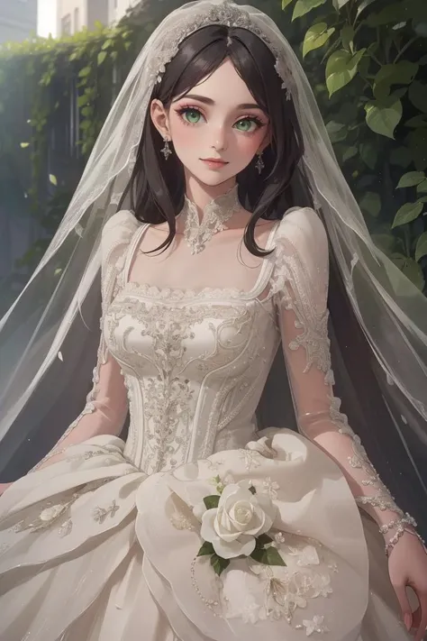 (masterpiece, best quality, beautiful and aesthetic:1.3), upper body, looking at viewer, 1girl, solo, light smile, (makeup, long hair, dark grey hair, green eyes:1.2), ruanyi0256, bridal veil, lace-trimmed dress, see-through, wedding dress, outdoors, white roses, garden, morning, standing, extreme detailed, <lora:0256 louvre queen_v1:0.8>