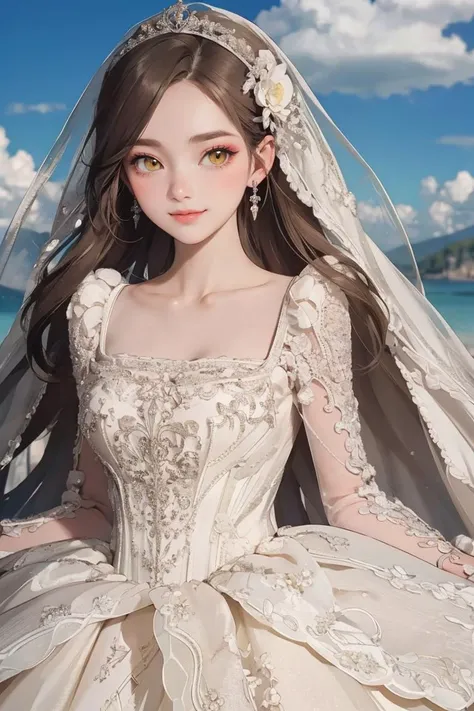 (masterpiece, best quality, beautiful and aesthetic:1.3), upper body, looking at viewer, 1girl, solo, light smile, (makeup, long hair, light brown hair, yellow eyes:1.2), ruanyi0256, bridal veil, lace-trimmed dress, see-through, wedding dress, shiny skin, glossy skin, beautiful face, beautiful eyes, outdoors, scenic view, scenery, blue sky, clouds, standing, extreme detailed, <lora:0256 louvre queen_v1:0.85>