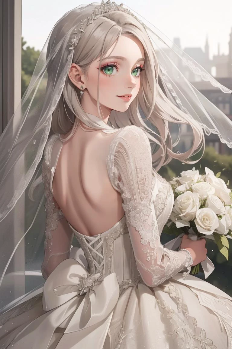 (masterpiece, best quality, beautiful and aesthetic:1.3), upper body, look back, looking at viewer, 1girl, solo, light smile, (makeup, long hair, light grey hair, green eyes:1.2), ruanyi0256, bridal veil, lace-trimmed dress, see-through, wedding dress, outdoors, white roses, garden, morning, standing, extreme detailed, <lora:0256 louvre queen_v1:0.8>
