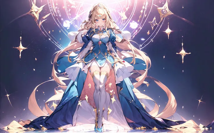 (8k, RAW photo, best quality, masterpiece, pixiv: 1.2),
(1milf, mage, magical girl, awe, brainwashed, blush, dark smile, standing: 1.2),
breast, thigh, heart-shaped pupils,
(blonde hair, shiny hair, drill hair, hair between eyes, blunt bangs: 1.2),
(blue princess dress, long skirt, puff sleeve, blue cape, white long gloves, big ribbon, tiala, white thigh high thights, pumps, jewely: 1.2), ((metalic satin)),
midtown, night, shibuya, shinjuku, tokyo, japan, <lora:0263 Florence Dream_v1:0.5> ruanyi0263, lace, <lora:edgHauteCoutureIV:0.5> edgHauteCouture, <lora:magic circle_v2.0:0.5> magic circle,
