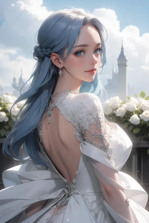 (masterpiece, best quality, beautiful and aesthetic:1.3), upper body, look back, looking at viewer, 1girl, solo, light smile, (blue hair:1.2), ruanyi0254, jewelry, necklace, white dress, wedding dress, shiny skin, beautiful face, beautiful eyes, outdoors, white roses, rose garden, blue sky, clouds, standing, extreme detailed, professional illustration, hires, <lora:0254 Palace style wedding dress_v1:0.6>