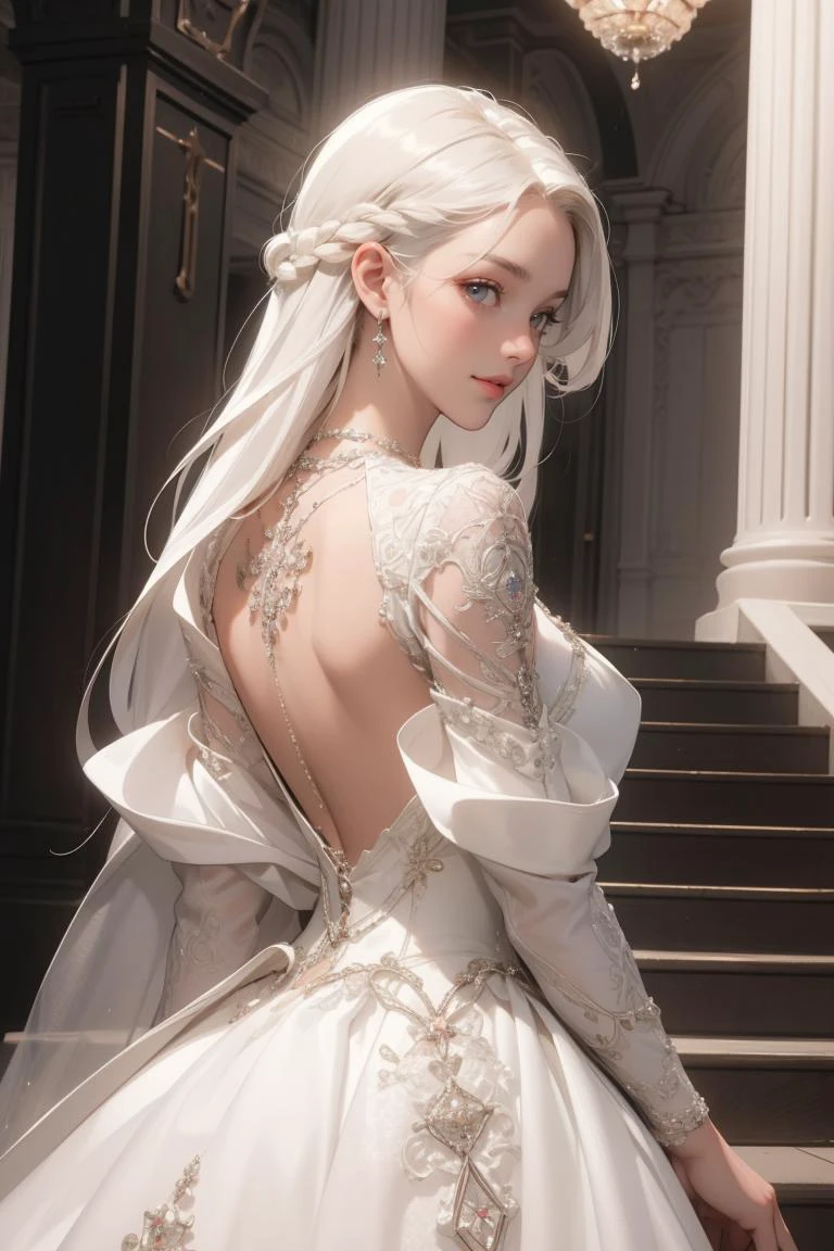 (masterpiece, best quality, beautiful and aesthetic:1.3), upper body, look back, looking at viewer, 1girl, solo, light smile, very long hair, (white hair:1.2), ruanyi0254, jewelry, necklace, white dress, wedding dress, shiny skin, beautiful face, beautiful eyes, outdoors, royal palace, stairs, chandelier, standing, extreme detailed, professional illustration, hires, <lora:0254 Palace style wedding dress_v1:0.6>