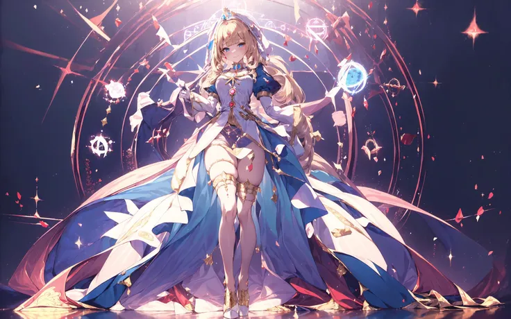 (8k, RAW photo, best quality, masterpiece, pixiv: 1.2),
(1milf, mage, magical girl, awe, brainwashed, blush, dark smile, standing: 1.2),
breast, thigh, heart-shaped pupils,
(blonde hair, shiny hair, drill hair, hair between eyes, blunt bangs: 1.2),
(blue princess dress, long skirt, puff sleeve, blue cape, white long gloves, big ribbon, tiala, white thigh high thights, pumps, jewely: 1.2), ((metalic satin)),
midtown, night, shibuya, shinjuku, tokyo, japan, <lora:0263 Florence Dream_v1:0.5> ruanyi0263, lace, <lora:edgHauteCoutureIV:0.5> edgHauteCouture, <lora:magic circle_v2.0:0.5> magic circle,